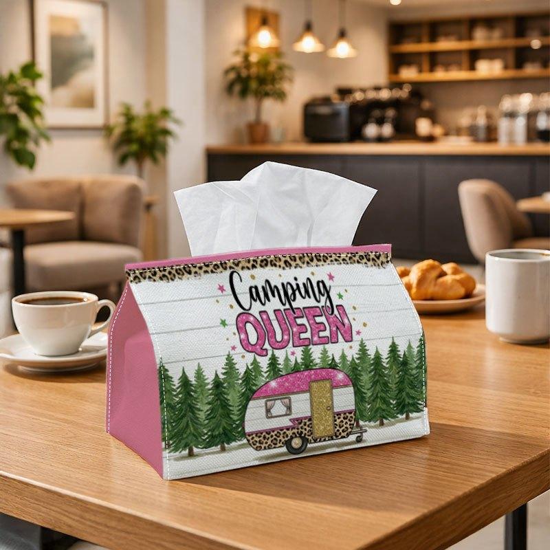 1pc Retro "Camping Queen" Tissue Box Holder - Soft Polyester Organizer with Reinforced Base, Washable Suitable for Kitchen, Bedroom, Car & RV Decor, C
