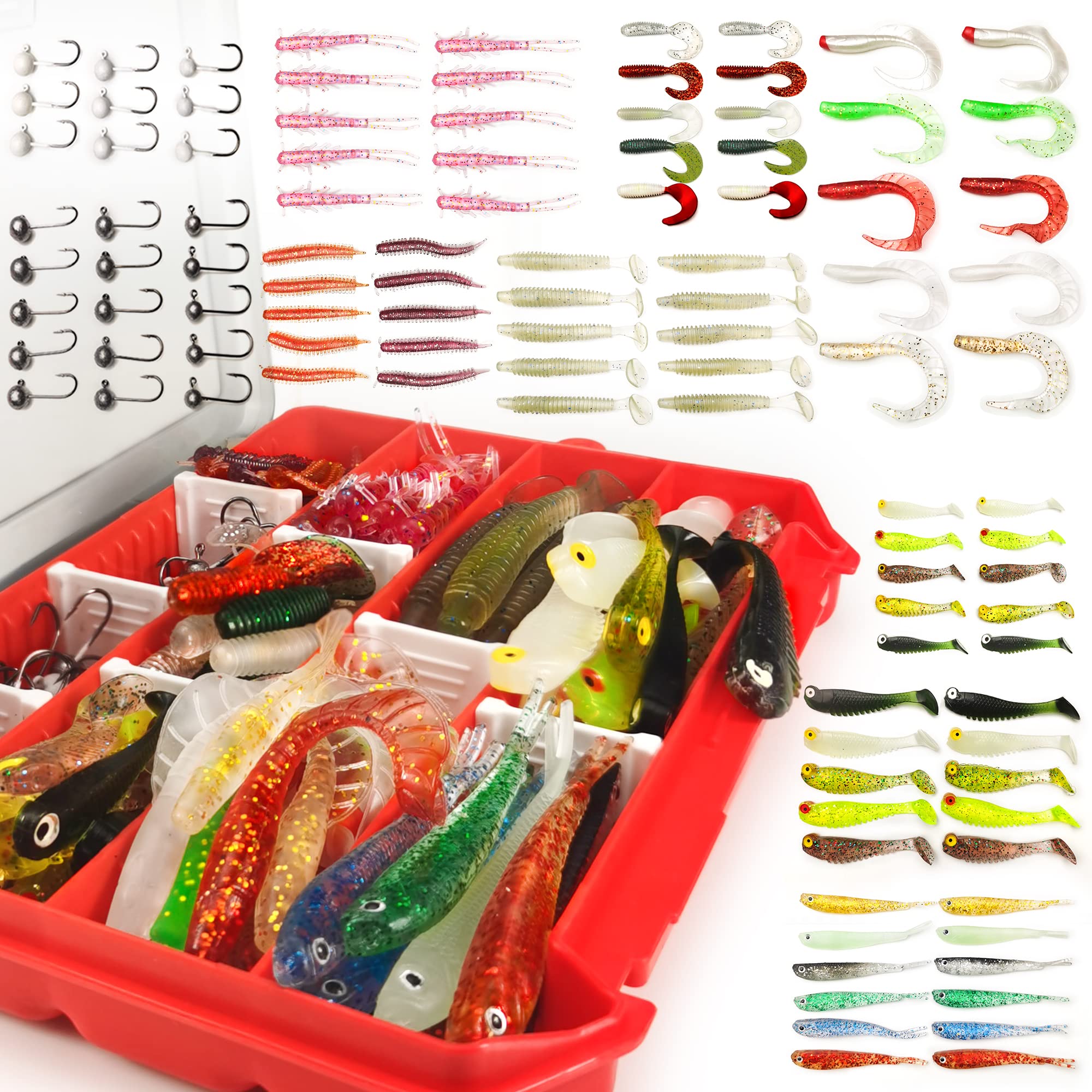 

VMSIXVM Fishing Worm and Jig Head Set for Bass Includes 8 Types of 2 Jig Head and a Storage Case for Freshwater and Saltwater Fishing Ajing/Mebaru
