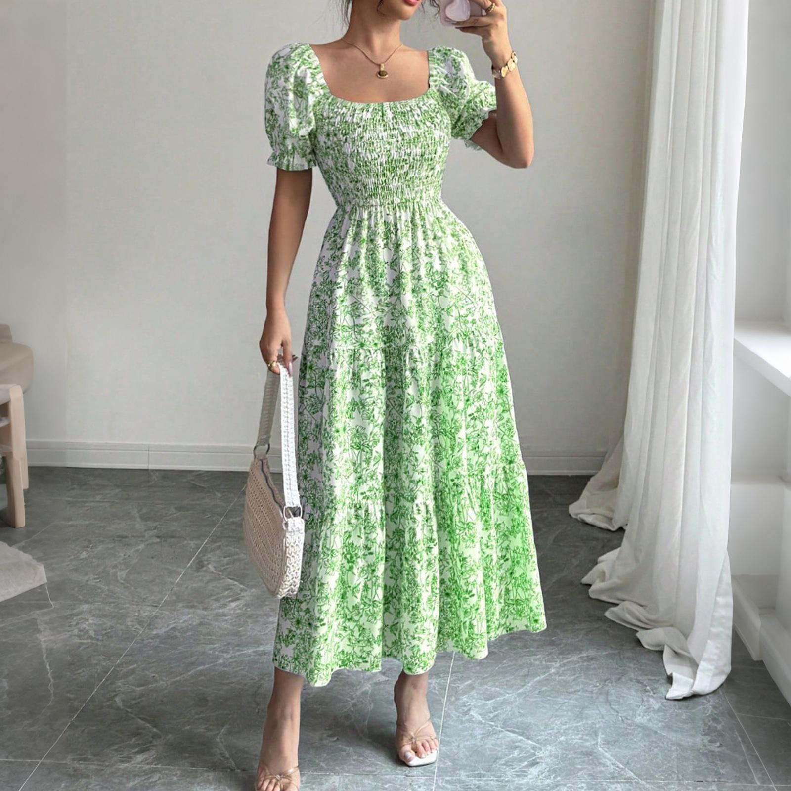 

Women s Floral Print Square Neck Long Dress Summer Waist Cinched Puff Sleeve Midi Dress Casual Lightweight Flowing Dress for Daily Wear M зелений