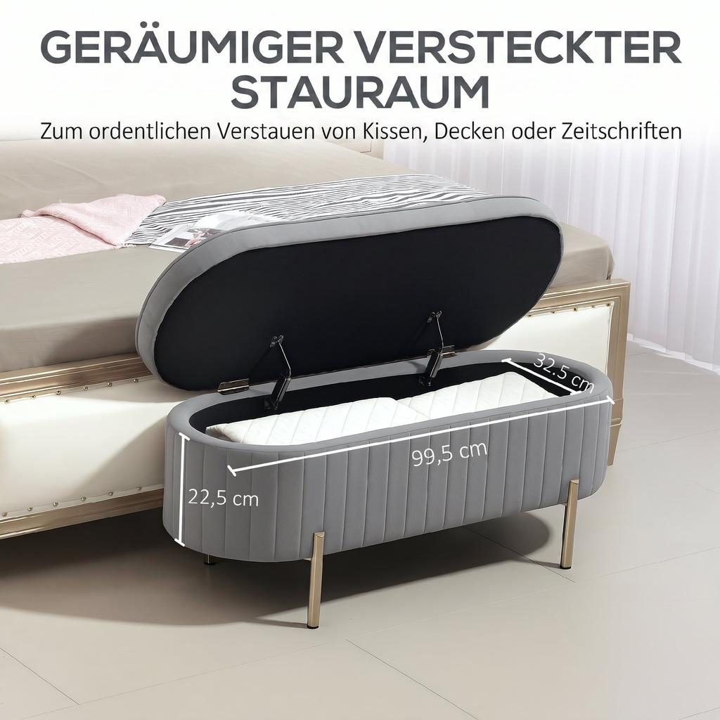 Bench with Flip-Top Lid and Storage Space, Fabric Cover, Wood, Metal, Grey+Gold-colored