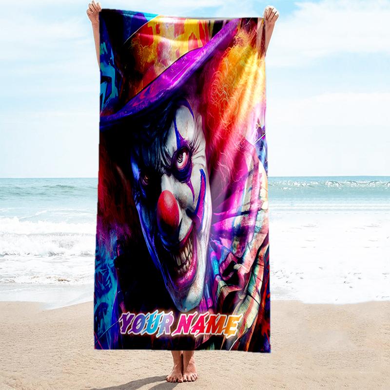1PC Custom Name Colorful Clown Carnival Beach Towel Highly Absorbent And Sand-Resistant Towel for Swimming, Pool, Yoga, And Travel Lightweight