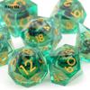 7 Pcs Green Flowing Sand Golden Number Sharp Edge Resin Dice Polyhedral Dice Suitable for Role-Playing RPG Board Game