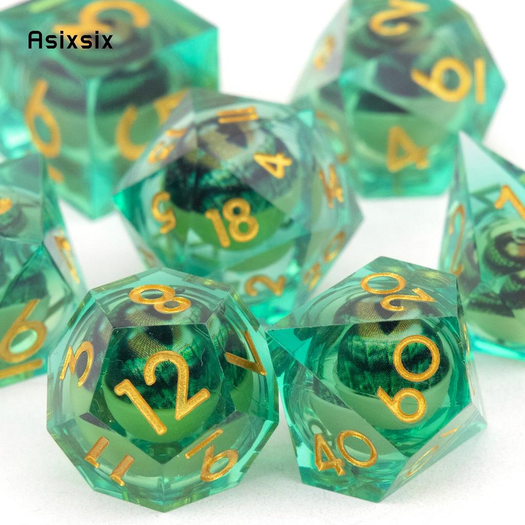 7 Pcs Green Flowing Sand Golden Number Sharp Edge Resin Dice Polyhedral Dice Suitable for Role-Playing RPG Board Game