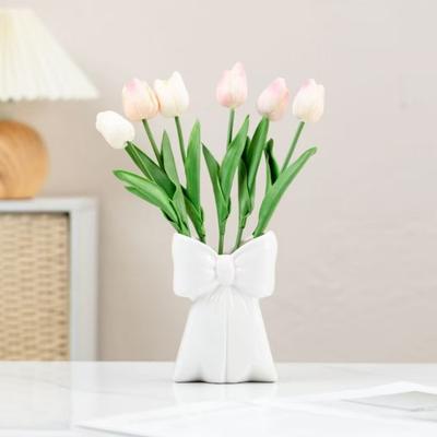 Pink White Bow Vase Decorative Bow-Shaped Vase Desktop Resin Pen Holder Makeup Brush Organizer for Home Office Bathroom Desk Decor