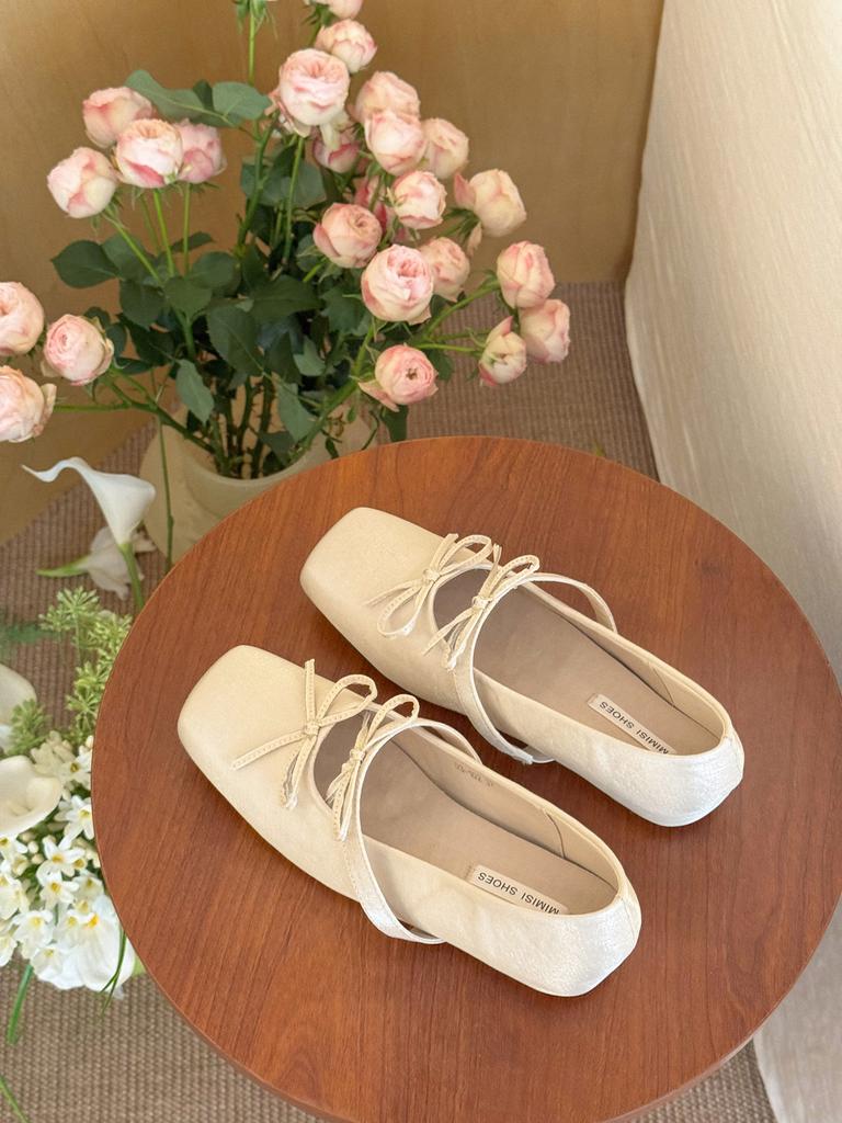 "Cream Cherry Blossom Powder" Girly Bow Inner Height Increase Single Shoes Women's Shallow Mouth Versatile Casual Mary Jane Shoes