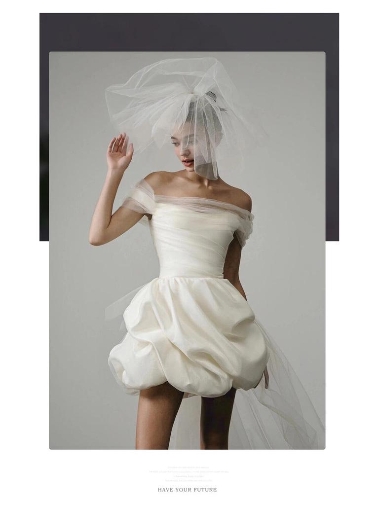 Petite Off-Shoulder White Satin Wedding Dress – Short, Simple French Style