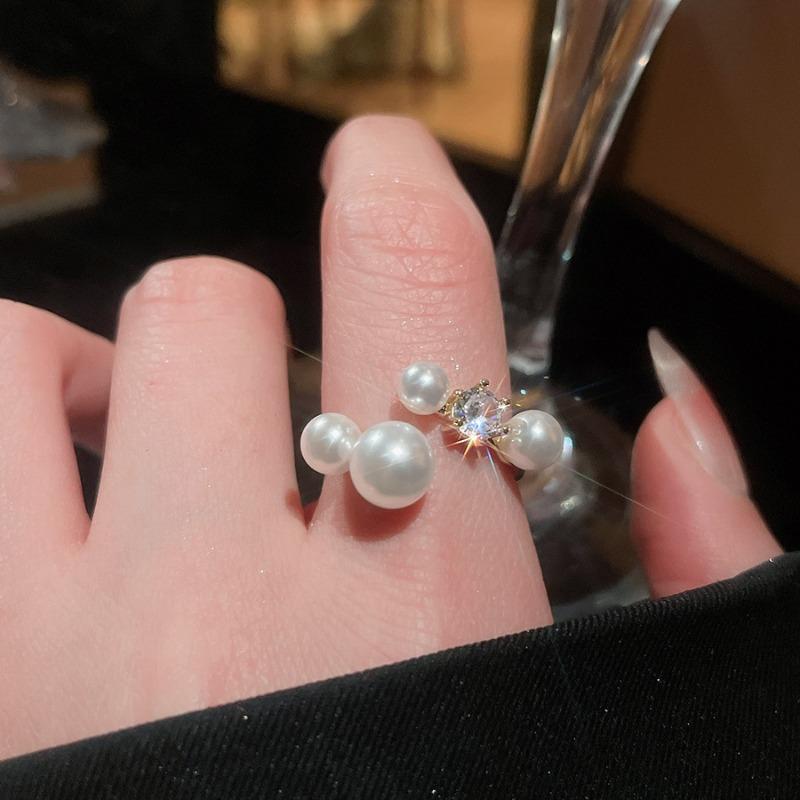 Cold wind zircon pearl opening ring Korean elegant temperament versatile index finger ring light luxury high-end jewelry women