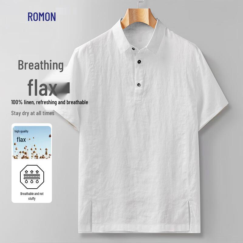 

Romone Men s 100% Linen Short Sleeve Polo Shirt 2XL