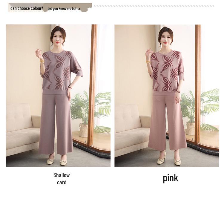 Elegant Knitwear Top & Slimming Wide-Leg Pants Set for Middle-Aged Women - Fashionable Spring & Autumn Apparel