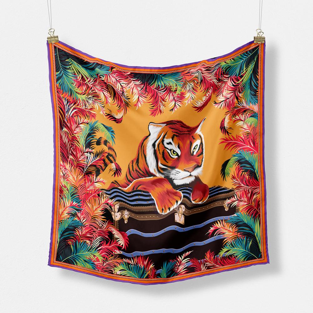 Twill Silk Scarf Woman Giraffe Painting Square Scarves Wraps Bandana Small Hijab Silk Foulards Tie Headband Neckerchief 53CM