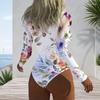 Women Plus Size High Neck Long Sleeve Zipper Floral Print White One Piece Swimsuit