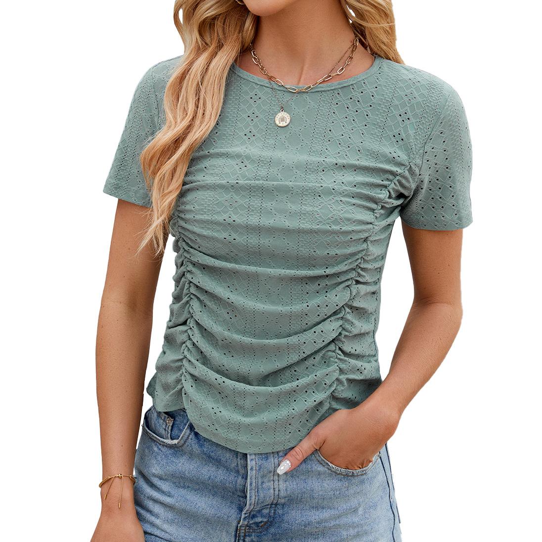 

Летняя однотонная тонкая плиссированная футболка с коротким рукавом и круглым вырезом для женщин 2XL