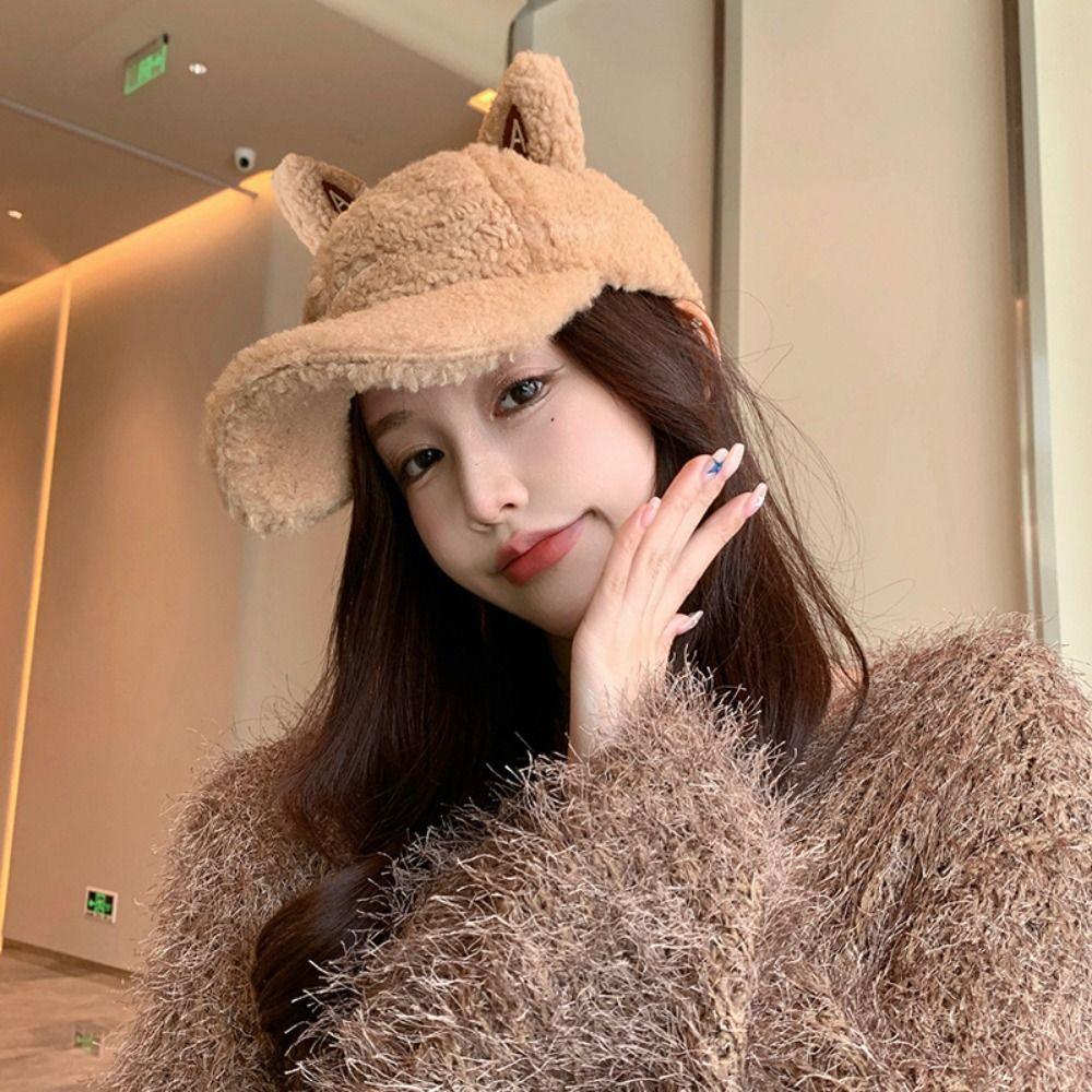 Windproof Cat Ears Baseball Hat Warm Winter Peaked Cap Cute Lamb Wool Baseball Cap  Female