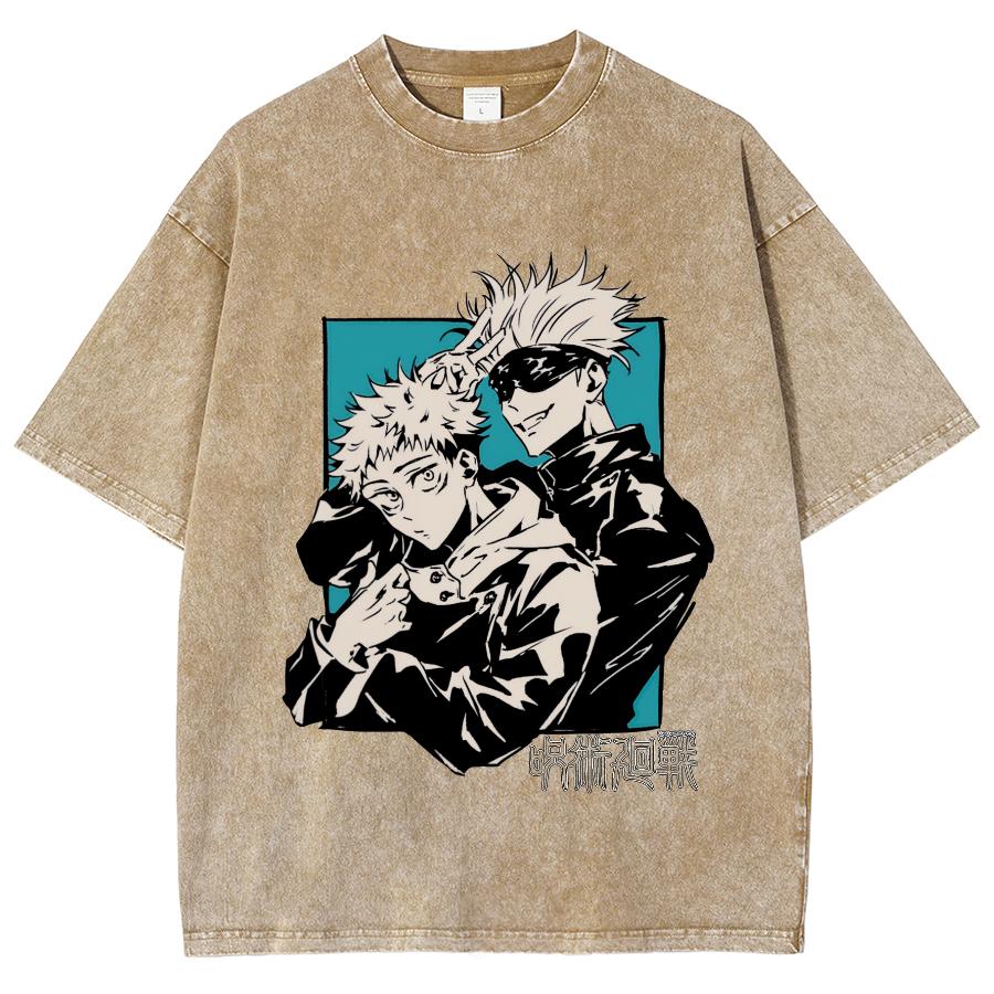 Anime Jujutsu Kaisen Satoru Gojo And Itadori Yuji Print T Shirt Men Women Y2k T-shirts Washed Cotton Tee Harajuku Male Tshirt
