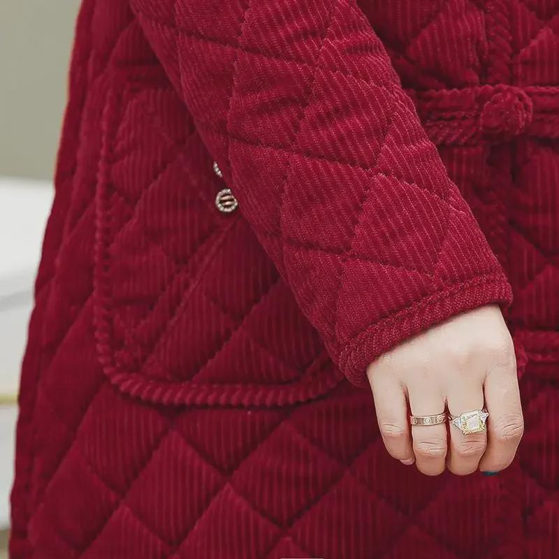 Corduroy Cotton Lapel Coat for Middle-Aged & Elderly Women - Warm, Thickened, Medium-Long Winter Jacket