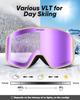 Odoland Photochromic Snow Goggles with Mirror OTG Glasses UV400 Automatic Impact Adult Color-Changing Lenses, Anti-Fog, Compatible, Protection,