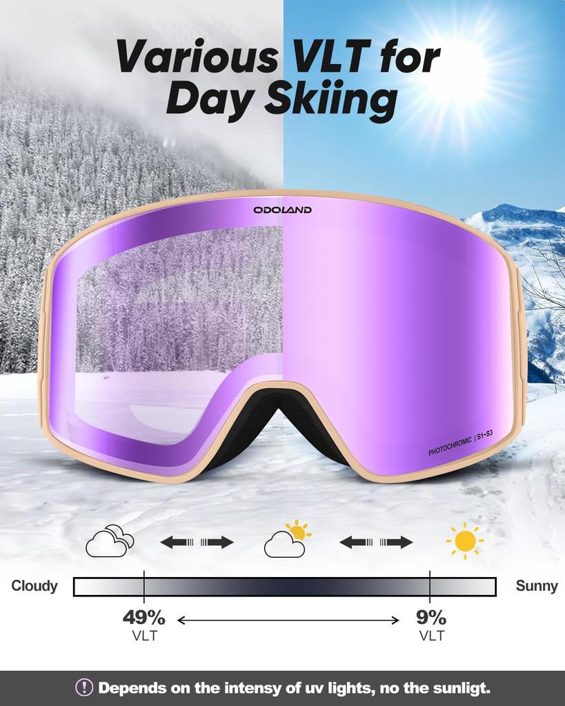 Odoland Photochromic Snow Goggles with Mirror OTG Glasses UV400 Automatic Impact Adult Color-Changing Lenses, Anti-Fog, Compatible, Protection,