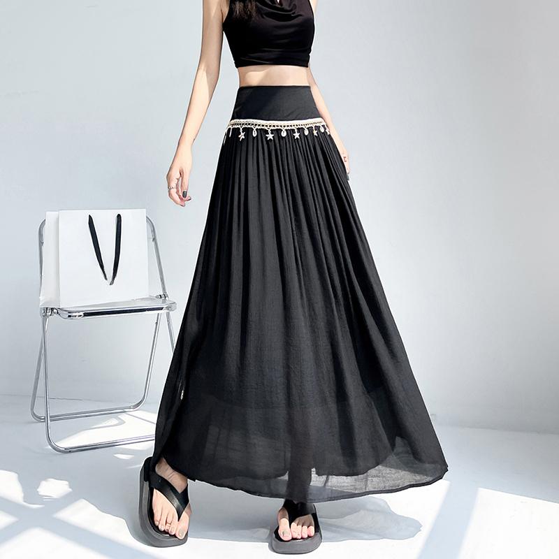 Summer Women Solid Linen Bohemian Ornaments Elastic Long Maxi Holiday Beach Skirt For Girl