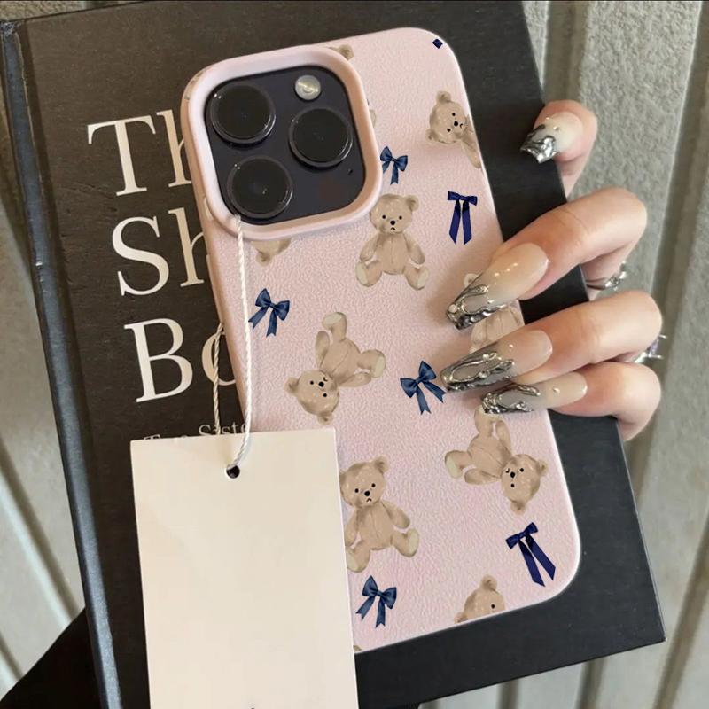 Cute Little Bear Bow Pattern Lychee Phone Case For iPhone 17 Pro Max 11 12 13 14 15 16 Pro 17 Air 15 Plus X XS XR 16E Soft Cover