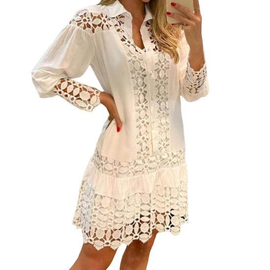 Turn-down Collar Long Sleeve Single-breasted Pullover Women Dress Hollow Out Floral Shape Shirt