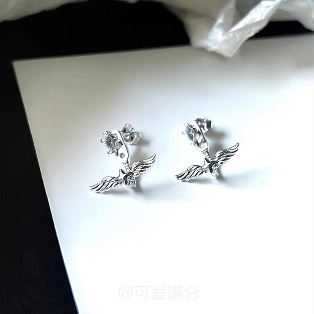 Trendy Sliver Color Angel Wings Four-pointed Star Disassemblable Two Ways To Wear Zircon Stud Earrings for Women Jewelry Gifts