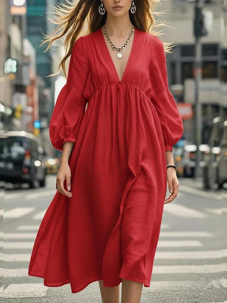 European & American Spring/Summer Women's Casual Lantern Sleeve Maxi Dress