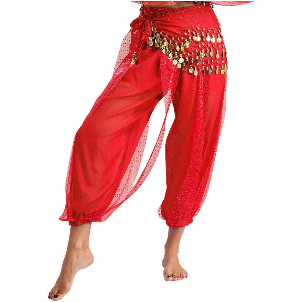 Damen Bauchtanz Bloomers Haremshose Elastischer Bund Paillettenbesetzte Schicht Schnürung Hüfttuch Halloween Kostüm