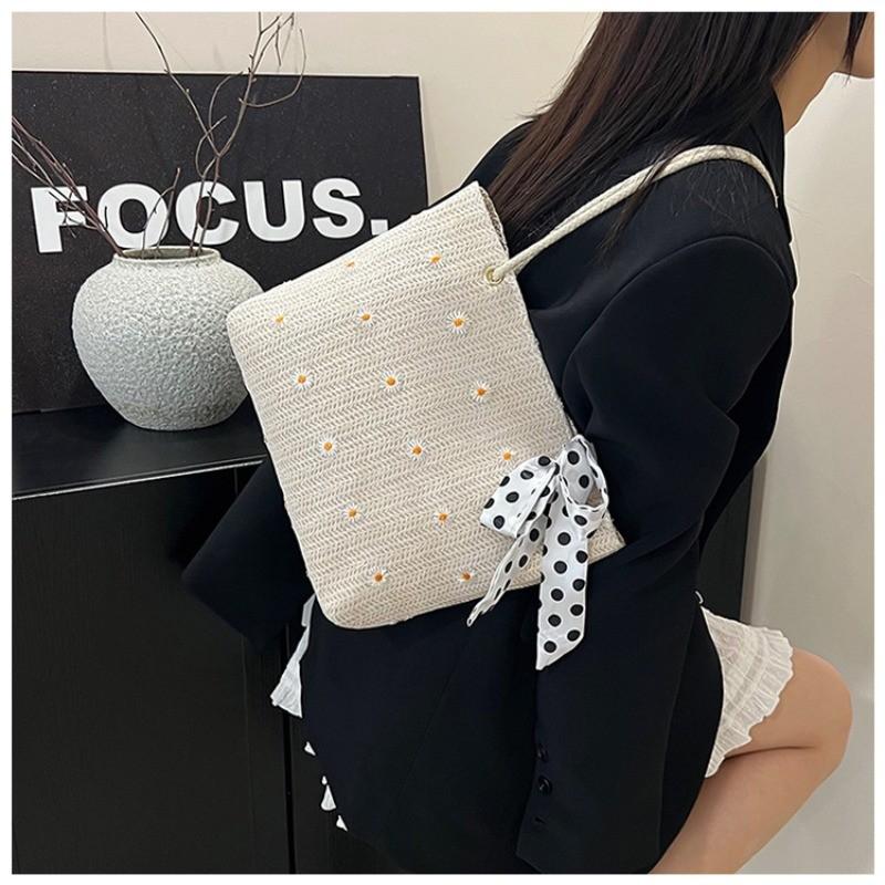 2026 New Straw Bag with Silk Scarf Single Shoulder Handbag Large Capacity Simple Tote Bag for Women Trendy Vacation Beach Bag