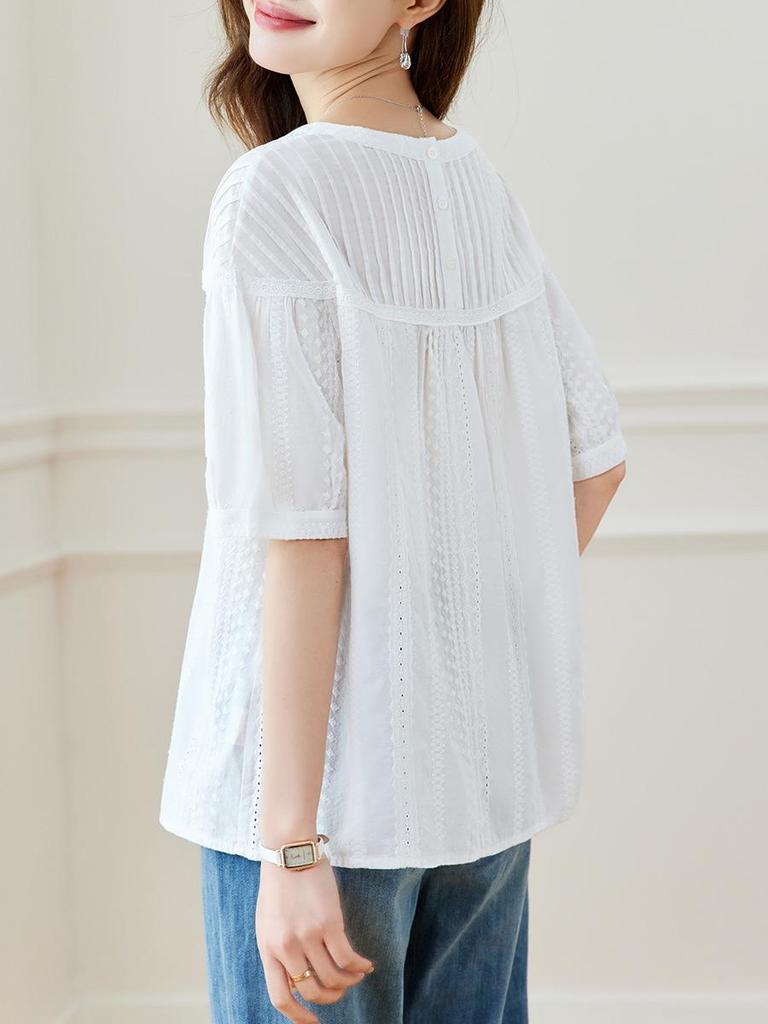 Women's Chic Pleated Short Sleeve Cotton Embroidered Shirt