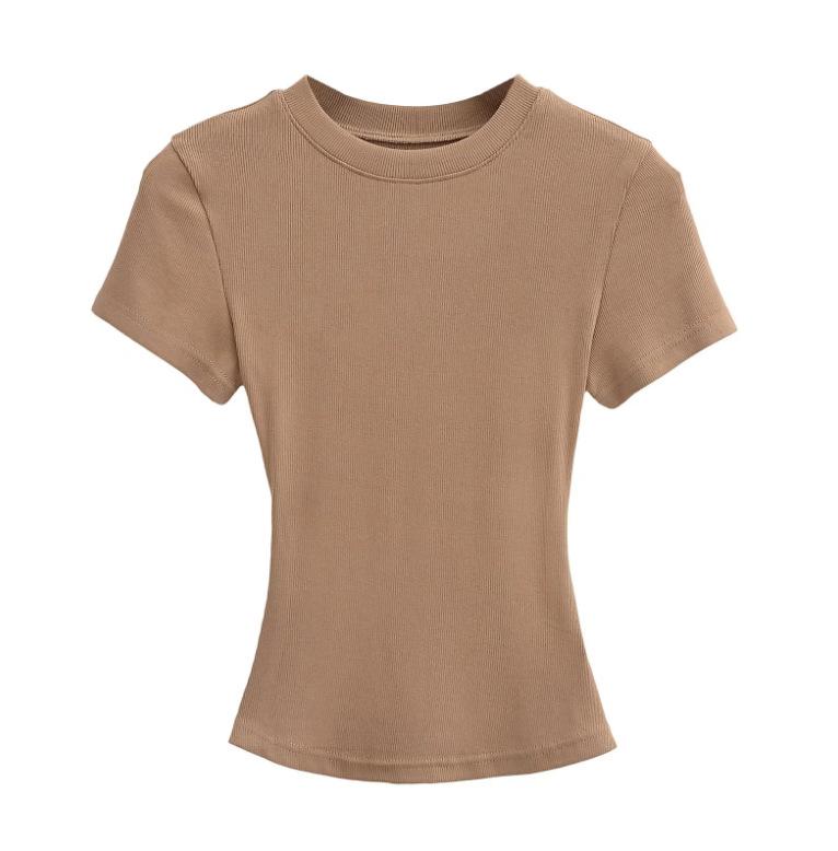 Summer New Female American Spice Girl Solid Color Crew Neck Short Sleeve T-Shirt Basic Threaded Bottom Top