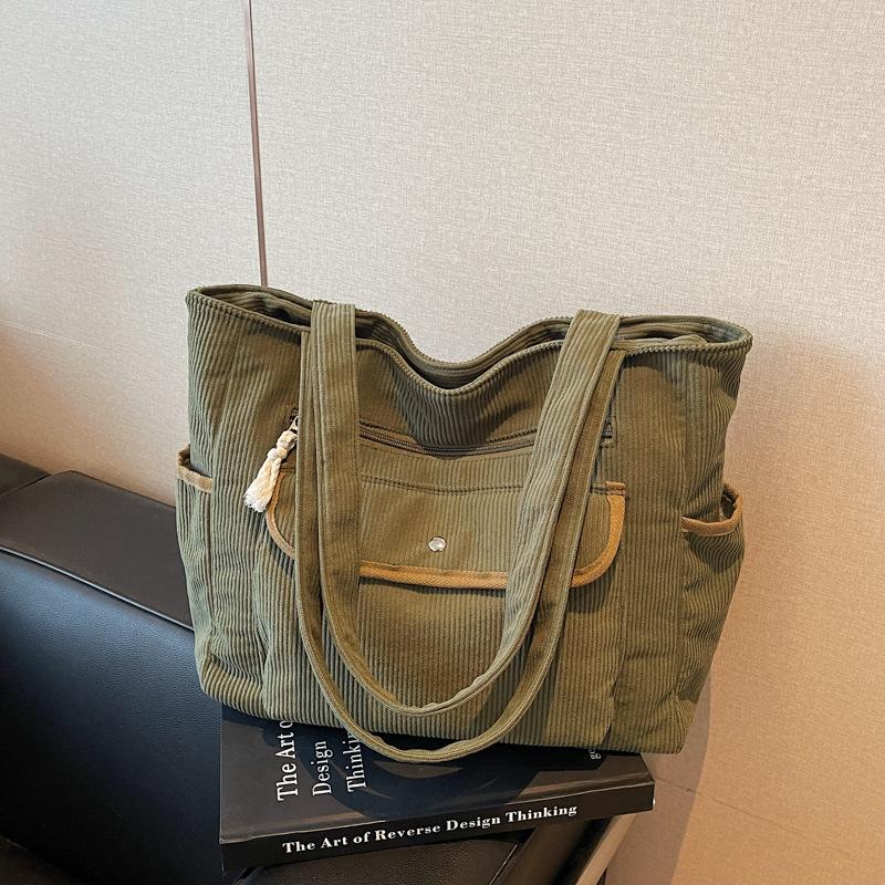 Corduroy Shoulder Bag Women Large Capacity Multi Pocket Tote Handle Bag Korean Style Casual Textured and Versatile Storage Bags