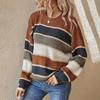 Women Sweater Round Neck Long Sleeve Knitted Tops Striped Print Loose Fit Soft Elastic Warm Winter Sweater