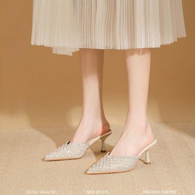 Rhinestone Half Slippers Women's 2025 Summer New Pointed Head Stiletto High Heels Korean Version Temperament Fashion Bag Head Cool Slippers Women
