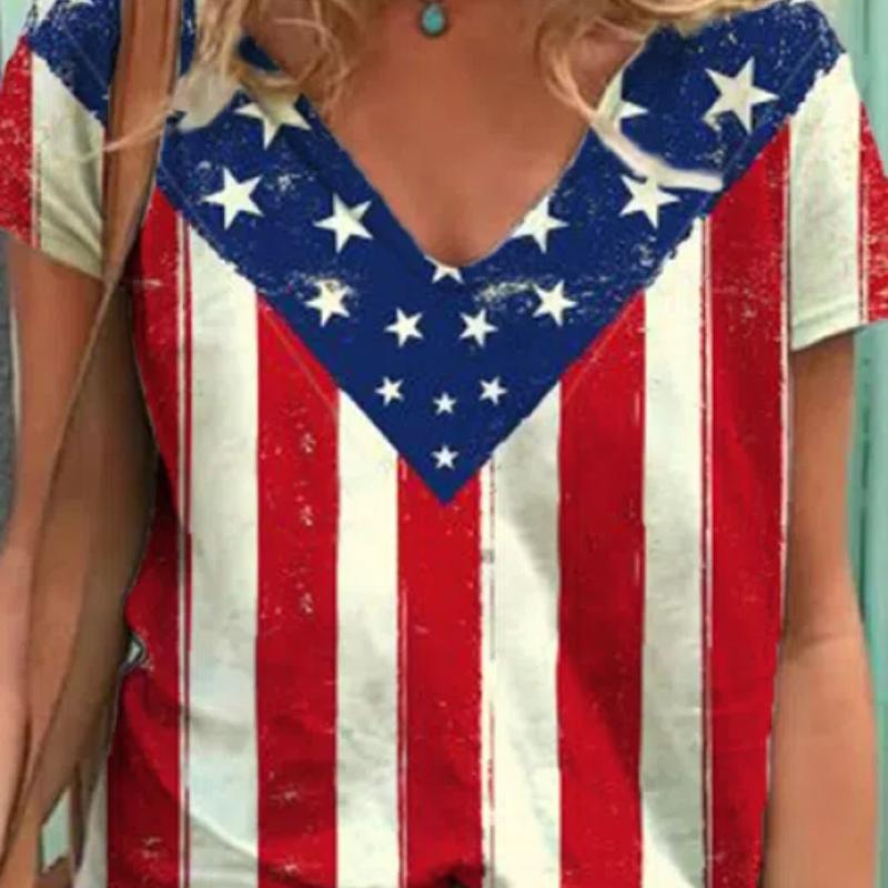 2022 Женские футболки с принтом американского флага и V-образным вырезом Одежда Женские — фото 9