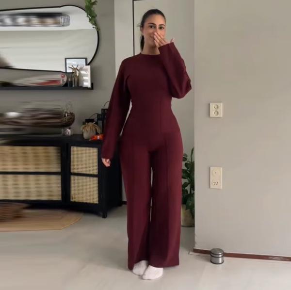 Autumn 2024 Women's Long Sleeve O-Neck Pleated Top & Wide Leg Pants Office Suit