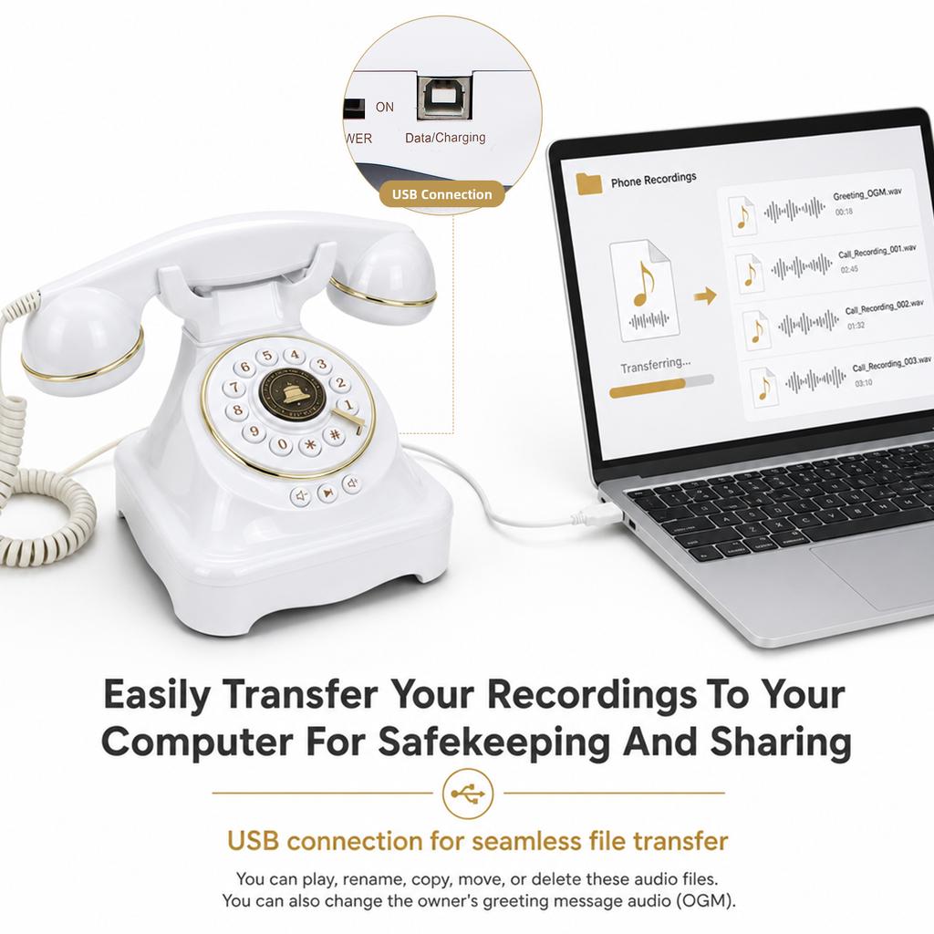 Vintage Recording Phone Audio Guestbook Guest Book Phone New Rotary Turantable Phone White Pink Gold Printing for Party Rental