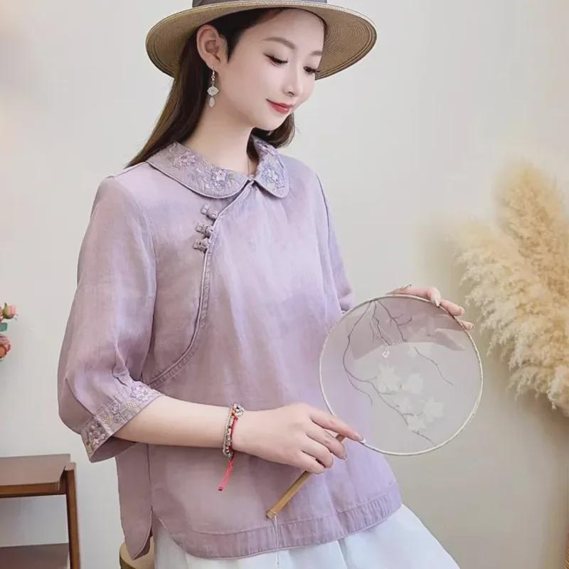 Women's Retro Folk Style Lapel Shirt with Oblique Collar and Chinese Button Design in Cotton-Linen