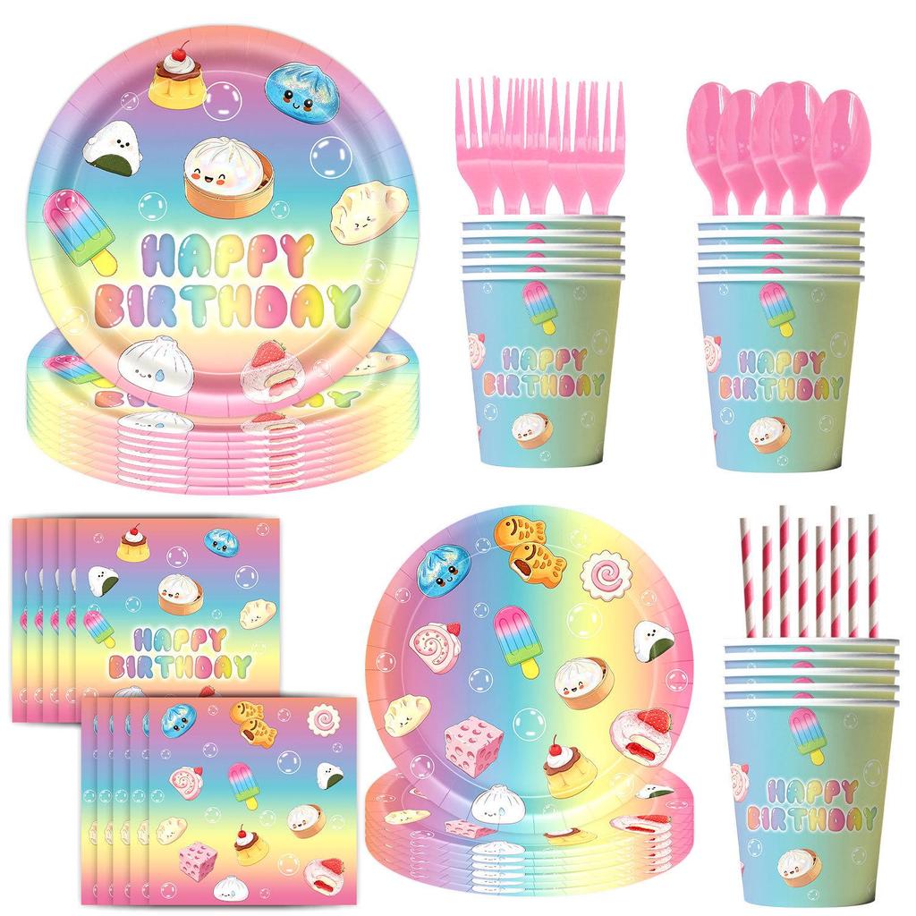 Cartoon-Themed Squishy Toy Birthday Party Set: Plates, Cups, Napkins, Flags