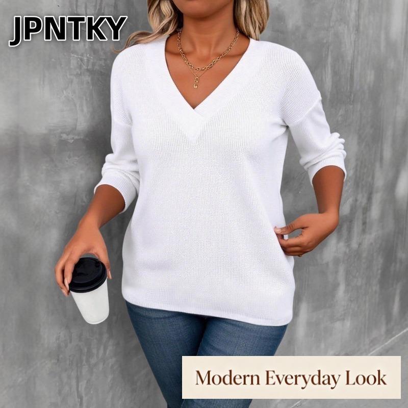 JPNTKY Women's Fashion Casual Solid Color Print V-Neck Long Sleeve Blouses & Shirts