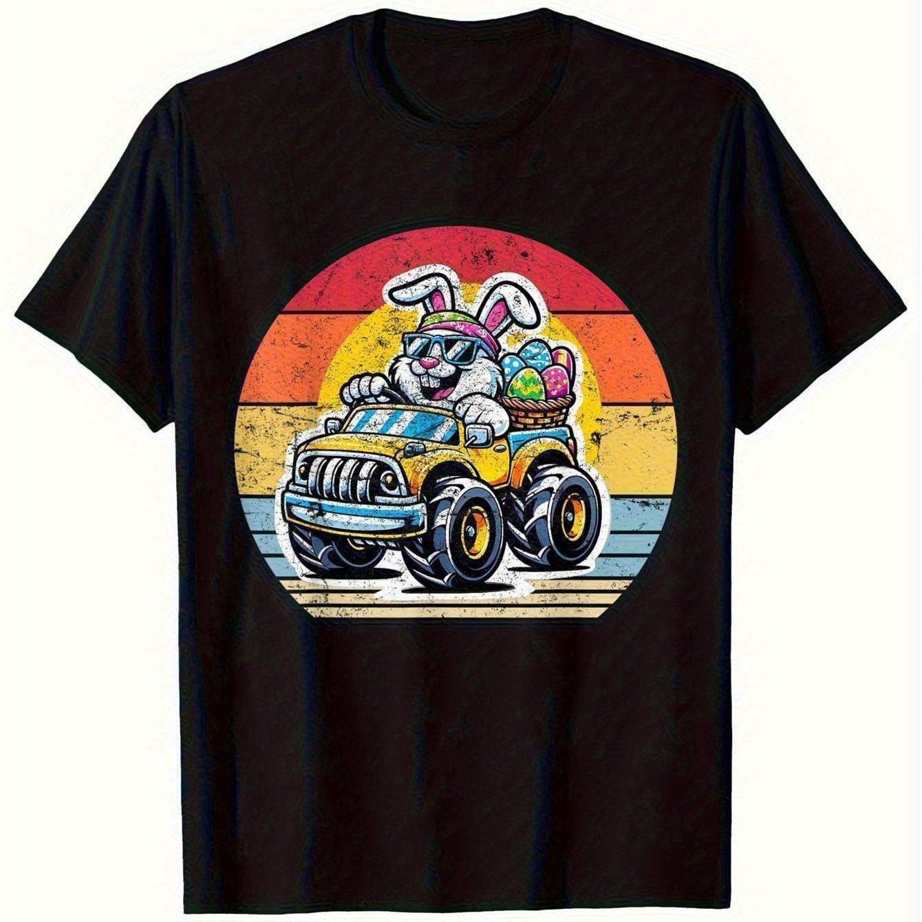 Bunny Monster Truck Graphic Tee Men Short Sleeve Cotton Crew Neck Easter Casual Gift Shirt S