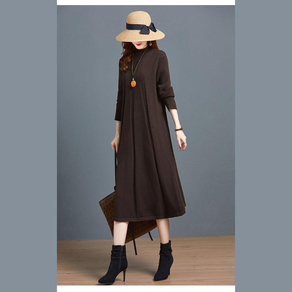 Long Knee-length Knitted Dress for Women In Autumn and Winter Solid Color Loose Plus-size Sweater Dress Half Turtleneck Sweater A-line Dress