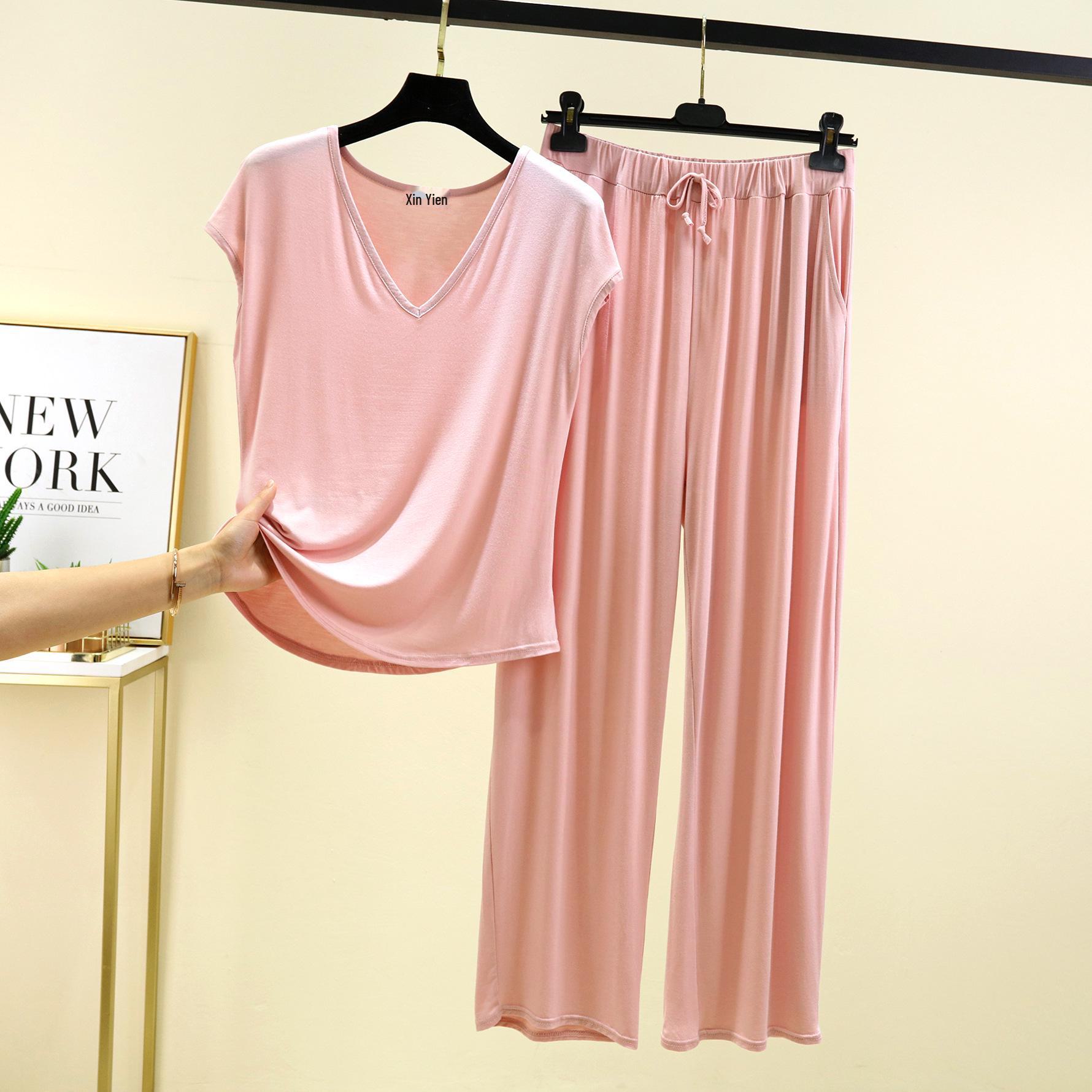 

Женская летняя модальная домашняя одежда без рукавов с V-образным вырезом: Свободный, облегающий комплект из двух предметов: футболка и брюки XXL розовый