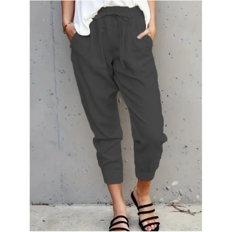 Women's Summer Solid Color Simple Casual Tie Pants Mid Waist Commuter Slim Nine Minute Pants