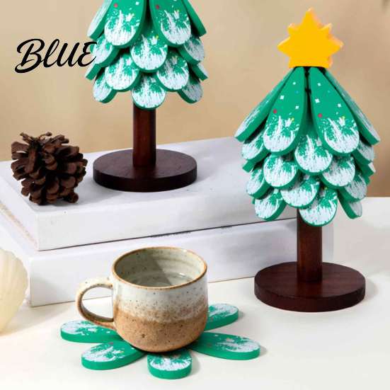 Thermal Protection Mat for Coffee Cups Tree-Shaped Wooden Trivets with Storage Stand Collapsible Heat Resistant Holiday Kitchen Decor Christmas