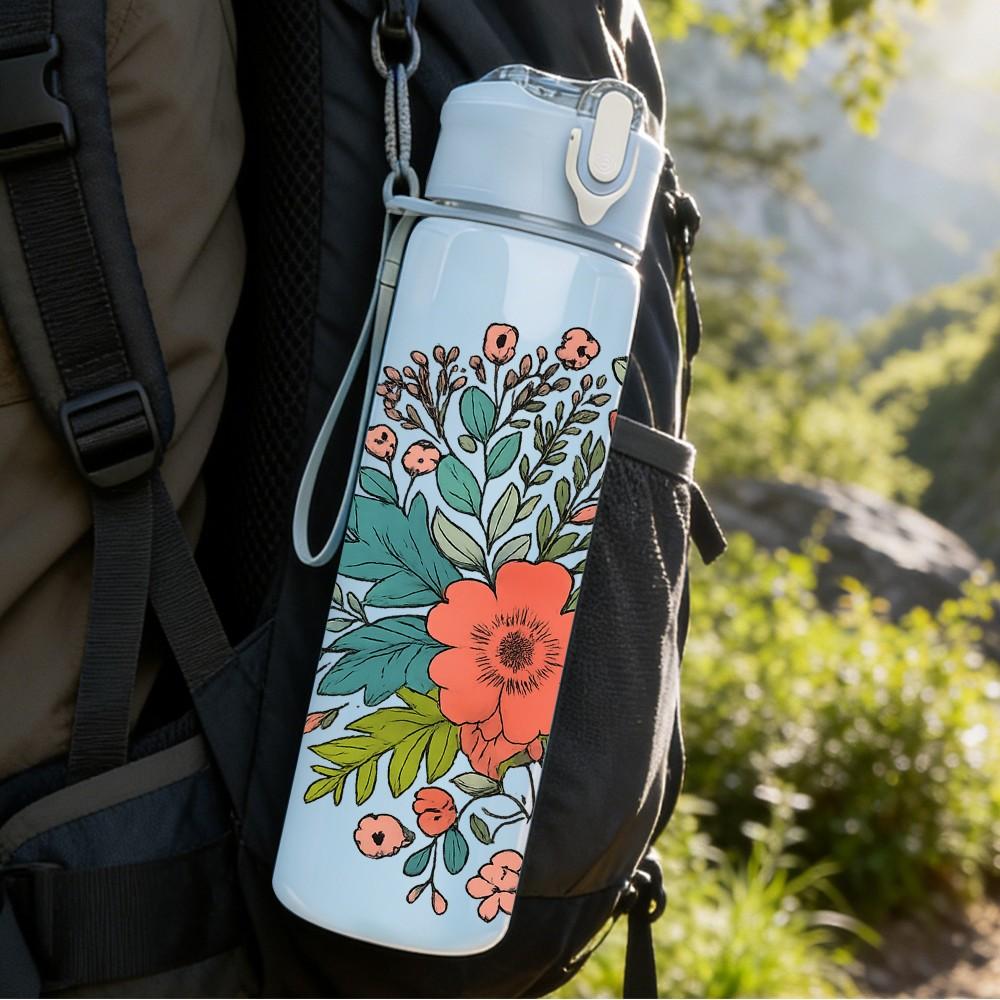 1PC Colorful Floral Bouquet Art 750ml Color Plastic Sports Water Bottle Leakproof Flip Straw Lid Suitable for Sports Office Home Use