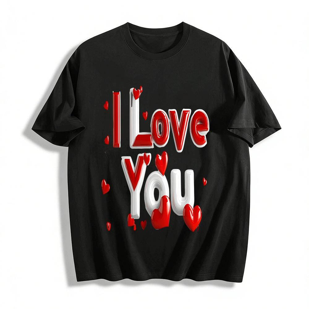 Romantic I Love You Heart Print Couple Casual Versatile T-Shirt Pure cotton T-shirt XXS