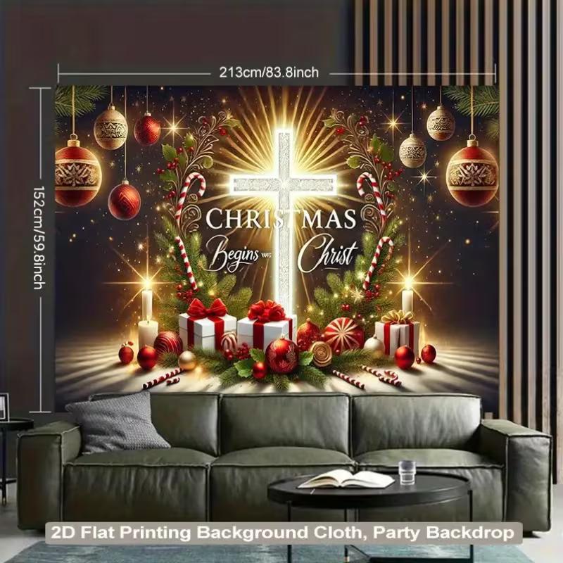 2D Christmas Begins With Christ Cross Backdrop, Religious Holiday Party Photography Banner