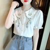 Women's Peter Pan Collar Blouse Short Puff Sleeve Floral Embroidery Casual Top Shirt