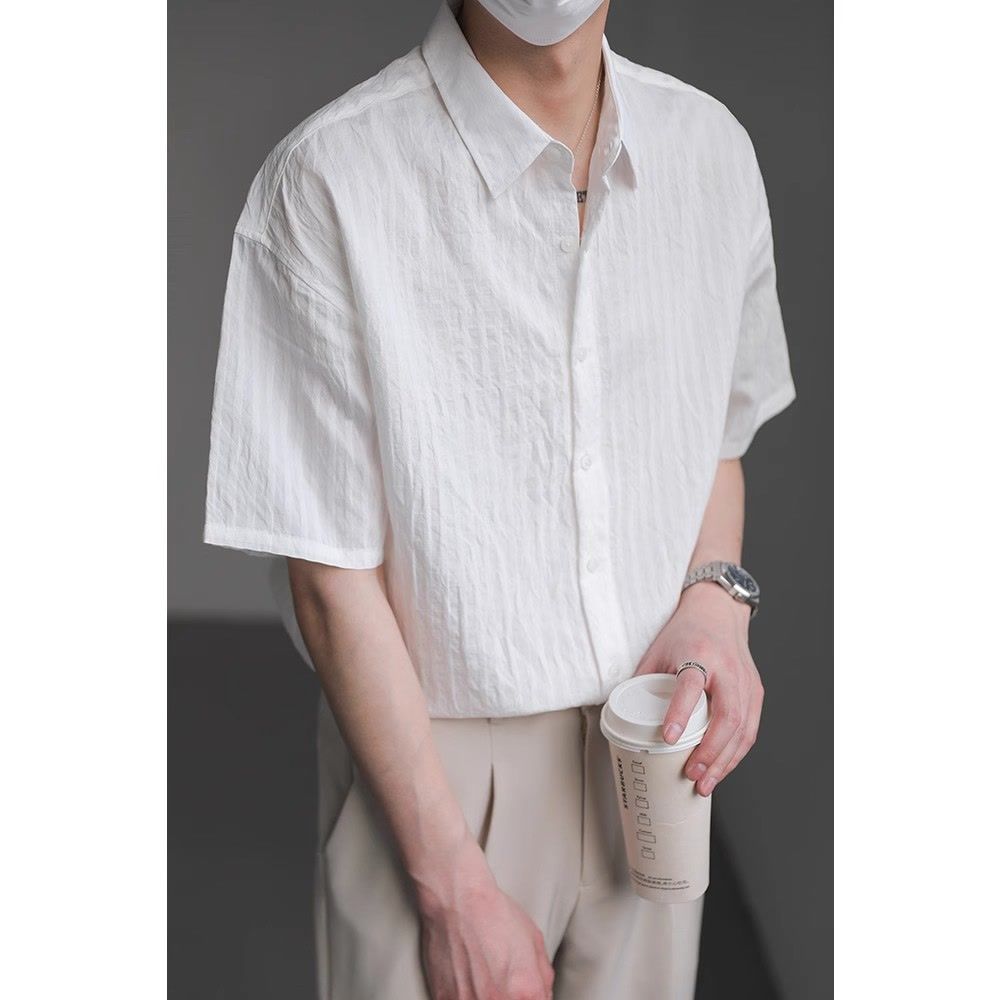 Light Luxury High-end Short-sleeved Shirt Men's Summer Half-sleeved Top Korean Trendy Loose Solid Color Striped Shirt