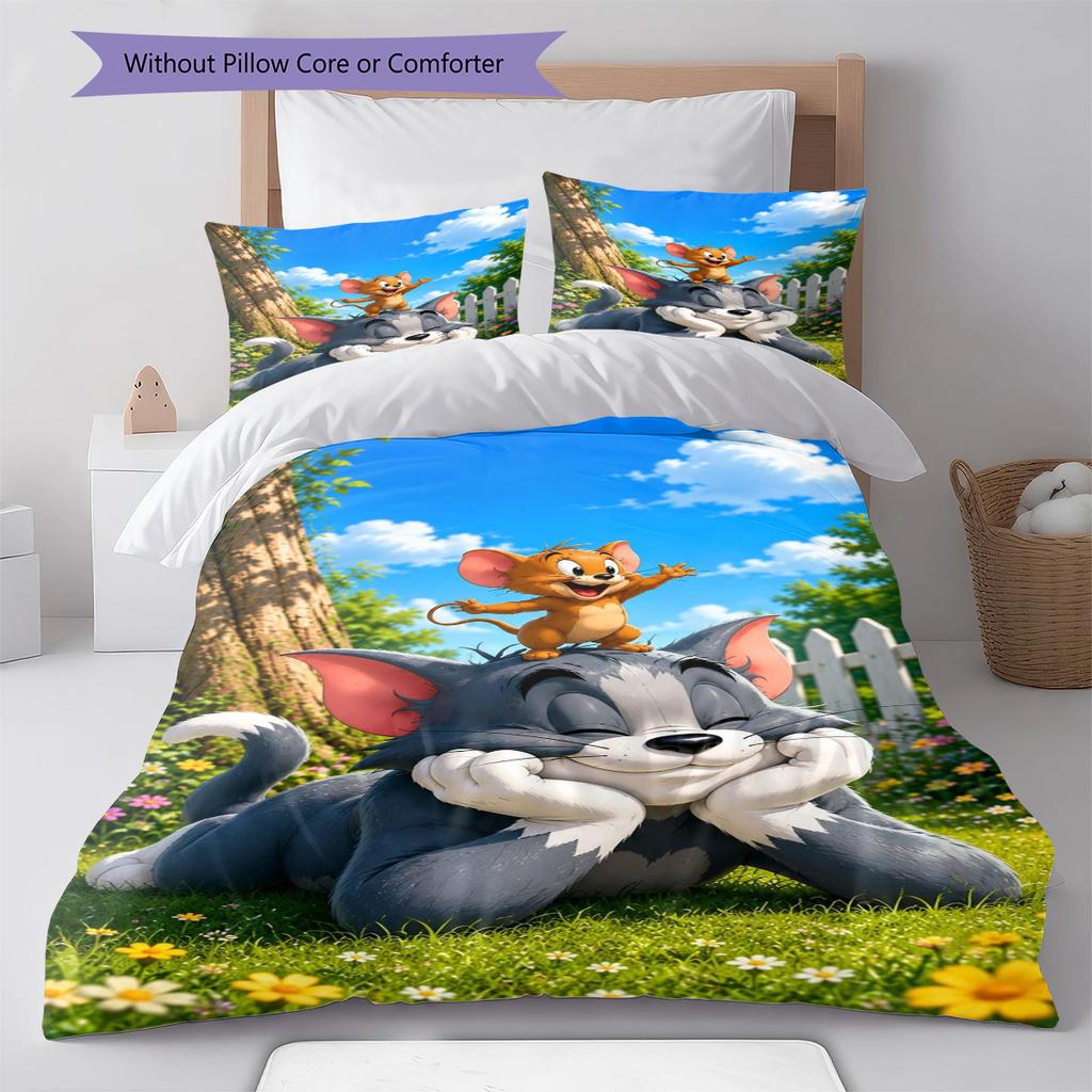 Mouse Cat Cartoon Pattern Bedding Set Quilt Cover Pillowcase Home Decor Gift (1 * Duvet Cover + 2 * Pillowcase, Without Core)